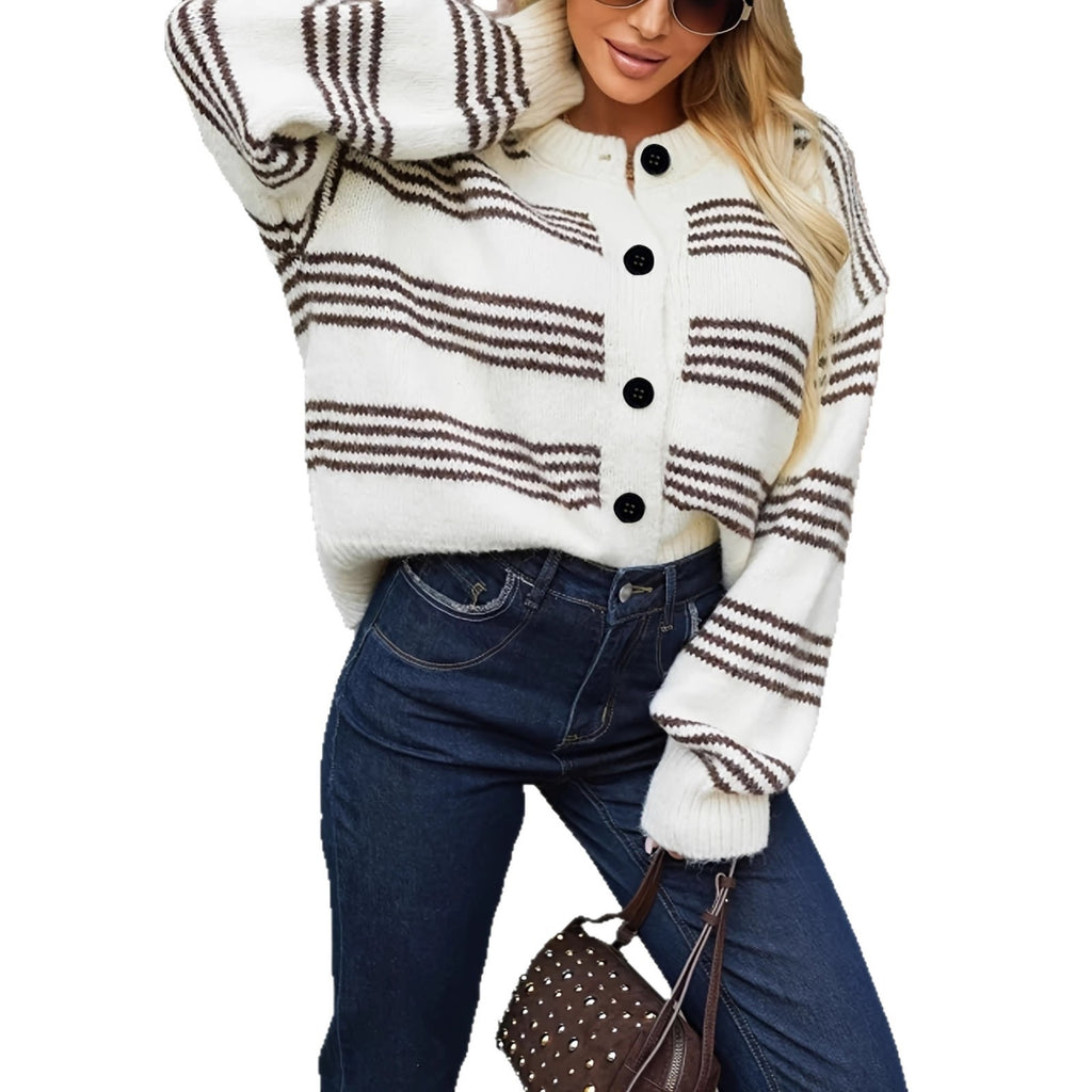 Striped Loose Button Long Sleeve Black And White Overcoat Coat