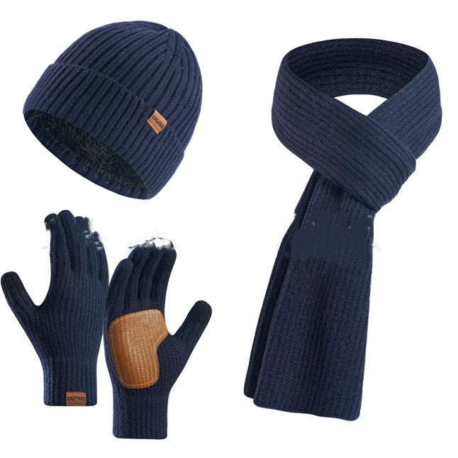 Winter Women's Wool Hat Scarf Gloves Plus Leather Non-slip Three-piece Set