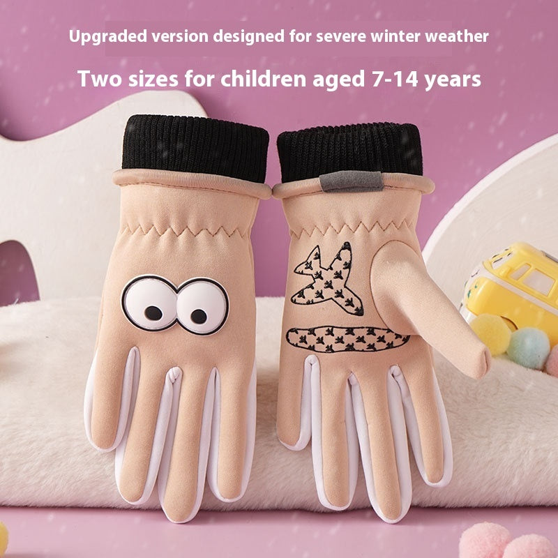 Children's Gloves Autumn And Winter Outdoor Cold-proof Warm With Velvet Anti-slip Cycling Cartoon Cute Windproof
