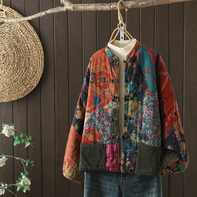 Retro Printed Coat For Women Autumn And Winter Artistic Cotton Cardigan