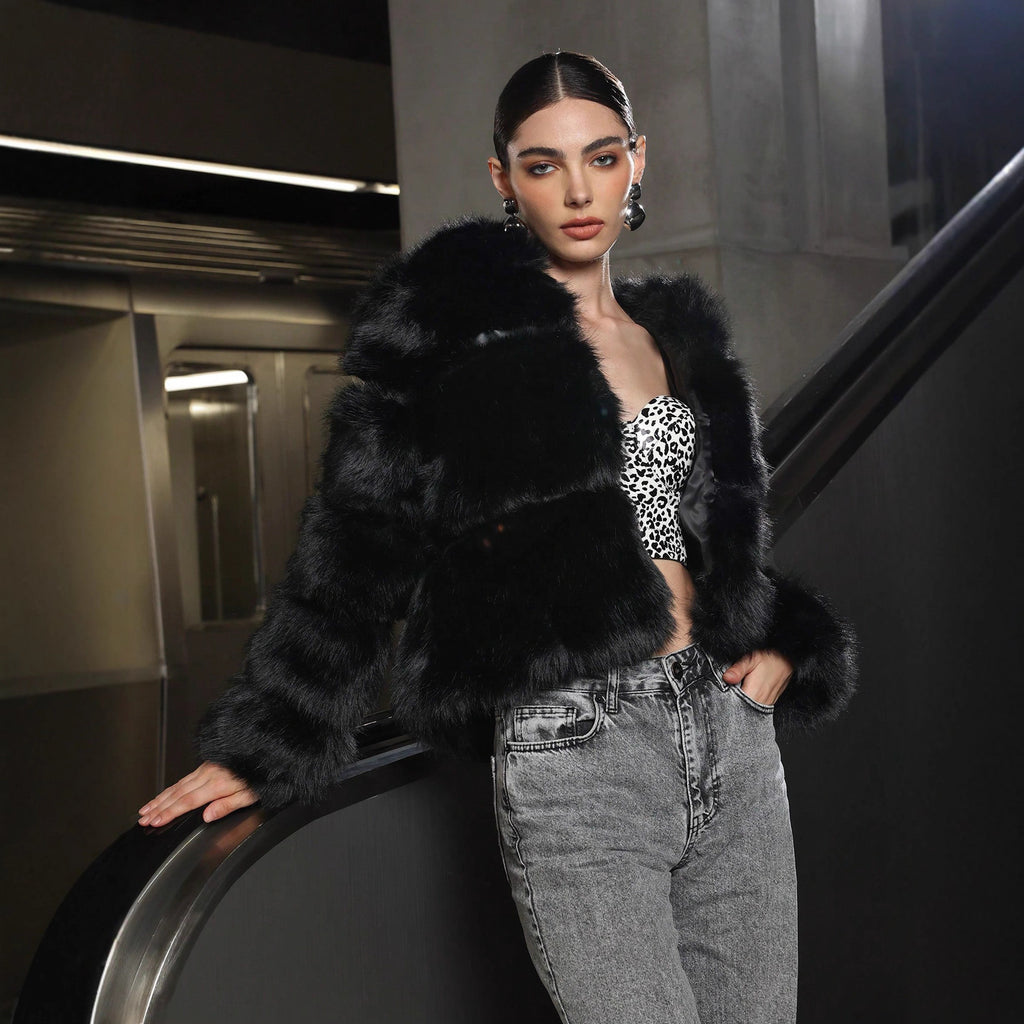 Black Faux Fur Short Hood Jacket