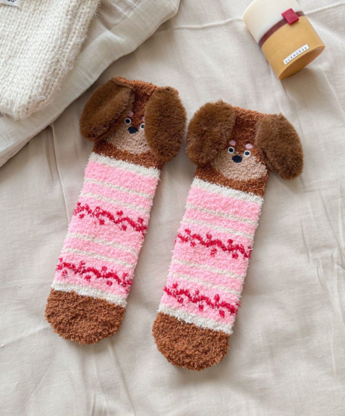 Cartoon Sausage Dog Coral Fleece Tube Socks Home Room Socks