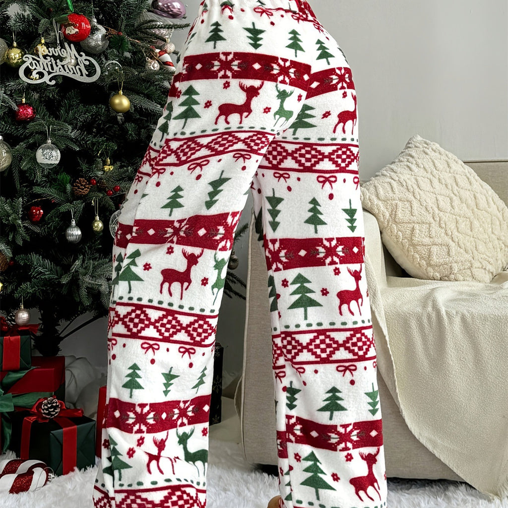Christmas Plush Warm Pattern Printing Casual And Comfortable Loose Straight Trousers
