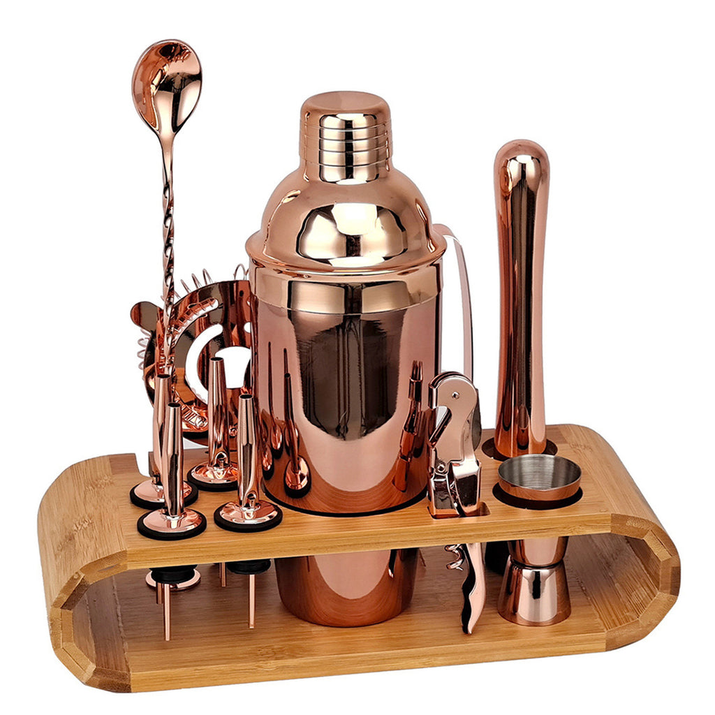 Stainless Steel Cocktail Shaker  with Wooden Stand for Home Bar Party