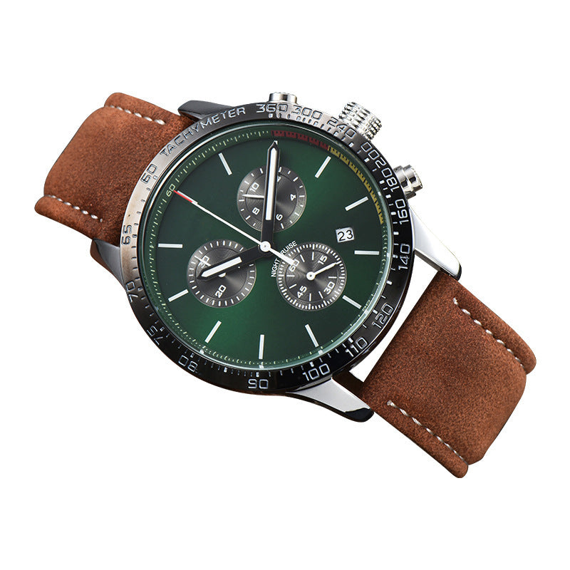 Mens Fashion Calendar Leather-Strap Quartz Watch