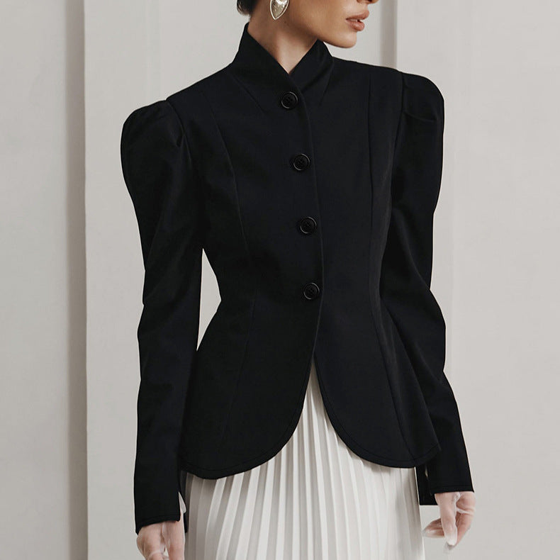 French Elegant Retro Black Stand Collar Small Suit Jacket For Women