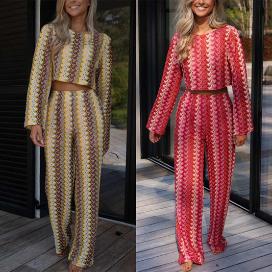 Women's Long-sleeved Trousers Round Neck Crocheted Knitted