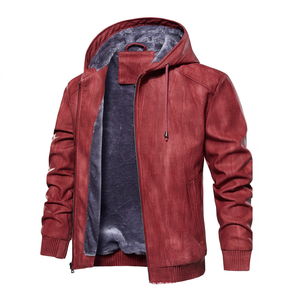Men's Hooded Warm PU Leather Coat
