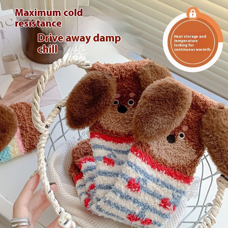 Cartoon Sausage Dog Coral Fleece Tube Socks Home Room Socks