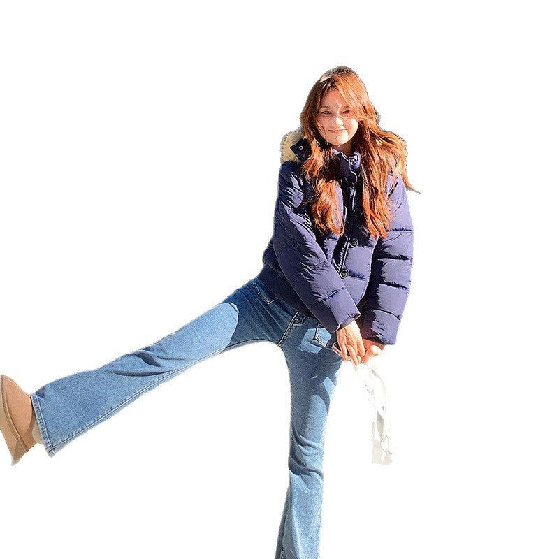 Winter Down Cotton Jacket Women's Short Big Fur Collar Hooded