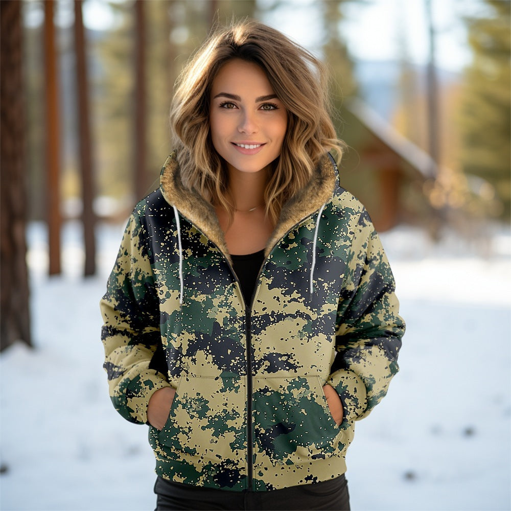 Digital Printing Autumn And Winter Women's Hooded Zipped Cotton-padded Jacket Coat