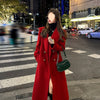 Red Temperament Long Sleeve Women's Woolen Coat