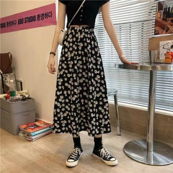 Womens Floral A-line Medium To Long Black Skirt