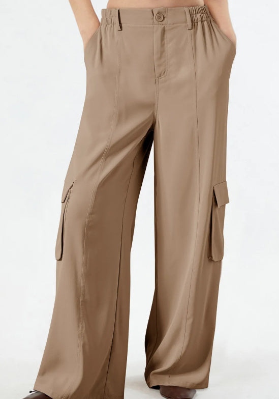 Solid Color Elastic High Waist Loose Cargo Pants