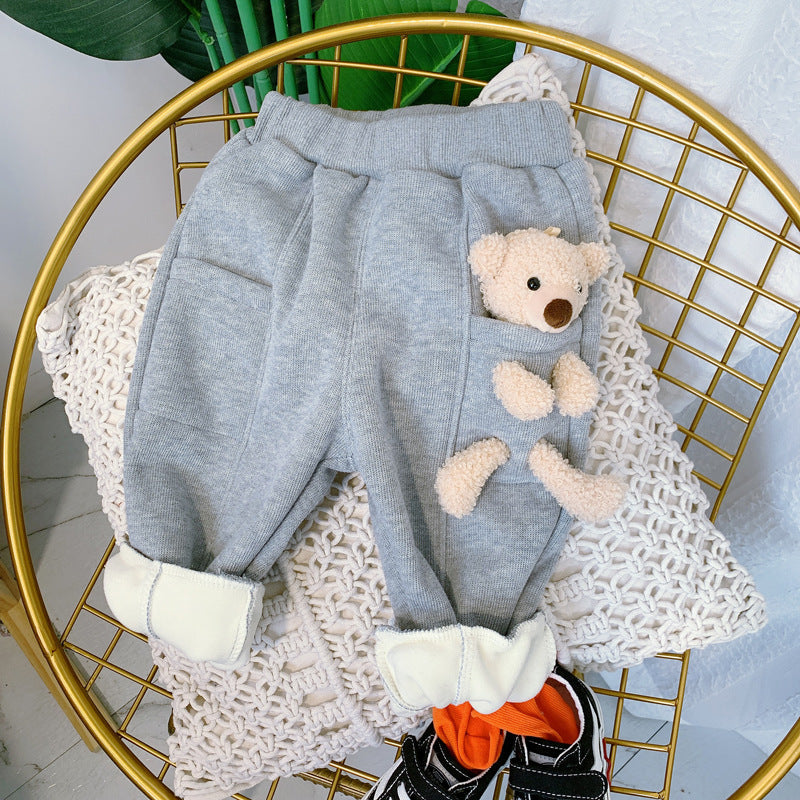 Boys And Girls Detachable Pockets Bear Pants