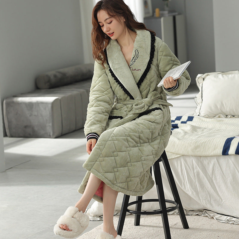 Women's Winter Thickened Mid-length Quilted Coral Fleece Bathrobe Pajamas
