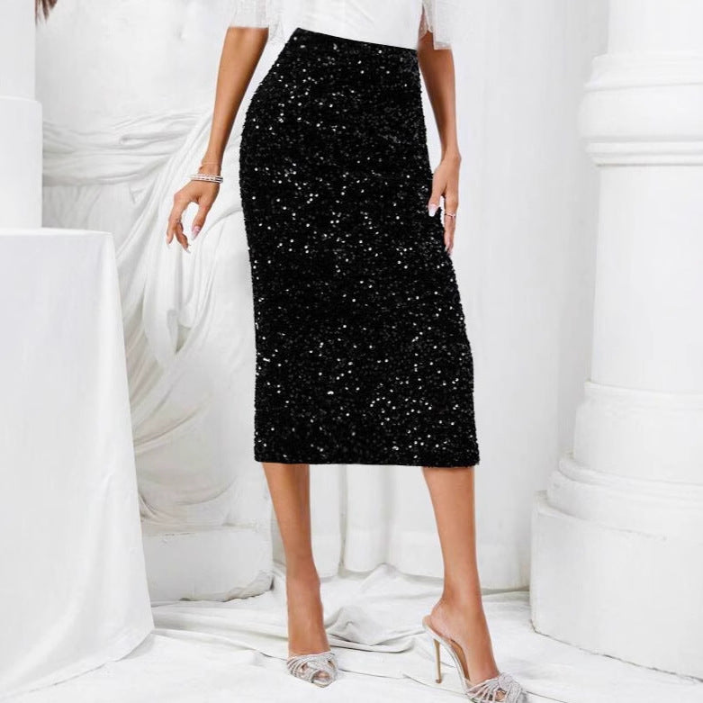 Elegant Sequin Waistband Elastic Skirt