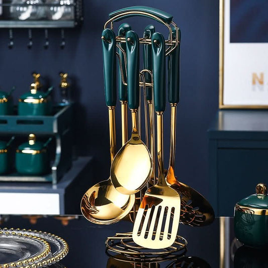 7 PCS Stainless Steel Silicone Kitchen Utensil Slotted Spatula Turner Ladle Serving Spoon Pasta Server Cooking Set - Eshtree