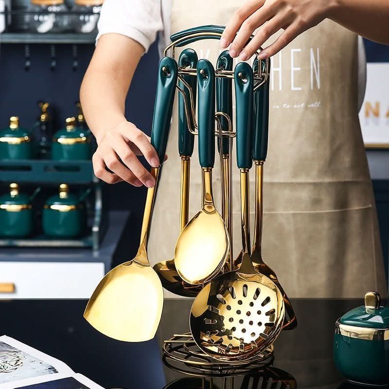 7 PCS Stainless Steel Silicone Kitchen Utensil Slotted Spatula Turner Ladle Serving Spoon Pasta Server Cooking Set - Eshtree