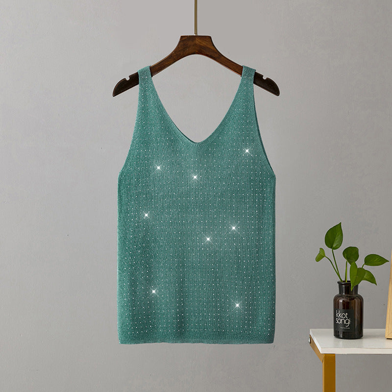 Ice Silk Knitted Bright Thread Diamond-encrusted V-neck Camisole