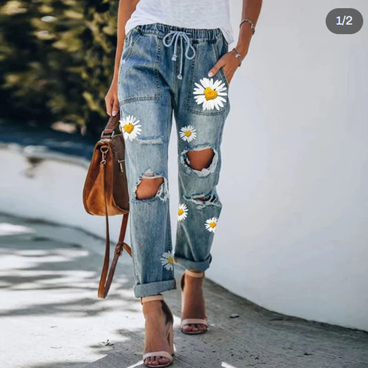Daisy-Print Ripped Straight-Leg Jeans