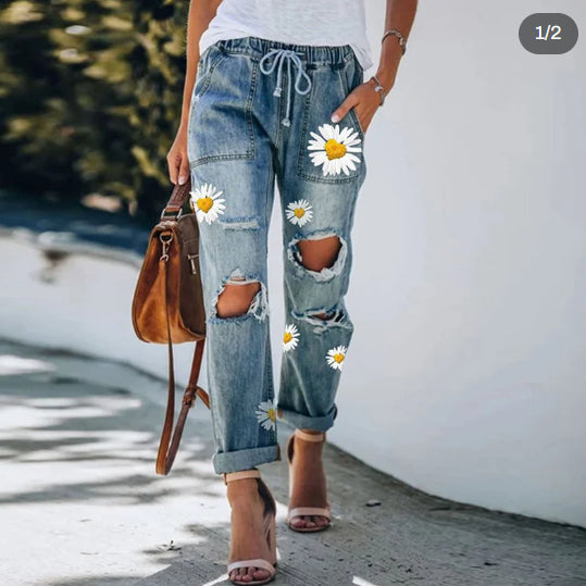 Daisy-Print Ripped Straight-Leg Jeans
