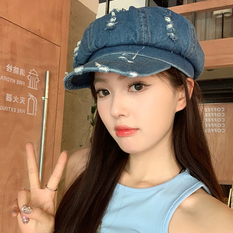 Retro Make Old Ripped Denim Beret Women
