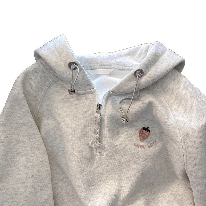 Girls' Pink Strawberry-Embroidered Hoodie New FallWinter Style