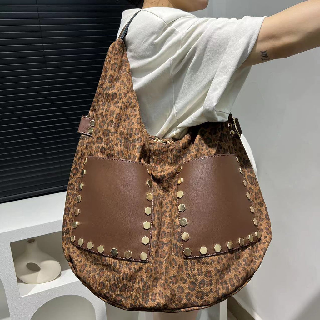 Women's Retro Leopard Print Bag Large Capacity Patchwork Handbag