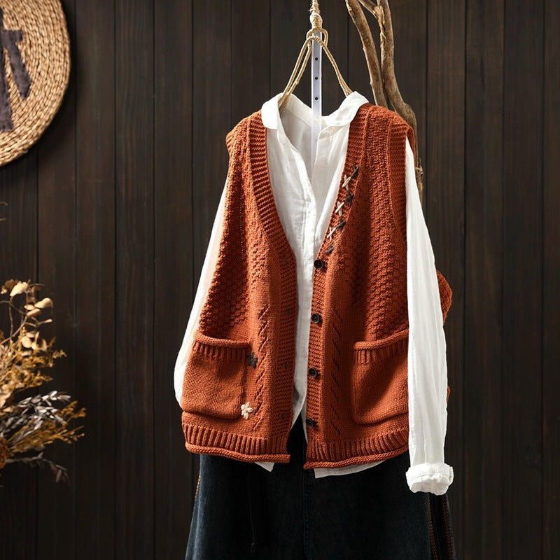 Hand-embroidered Cotton Thread Knitted Sleeveless Vest Cardigan