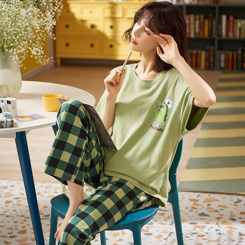 Ladies Short Sleeve Trousers Knit Cotton Pajamas Homewear