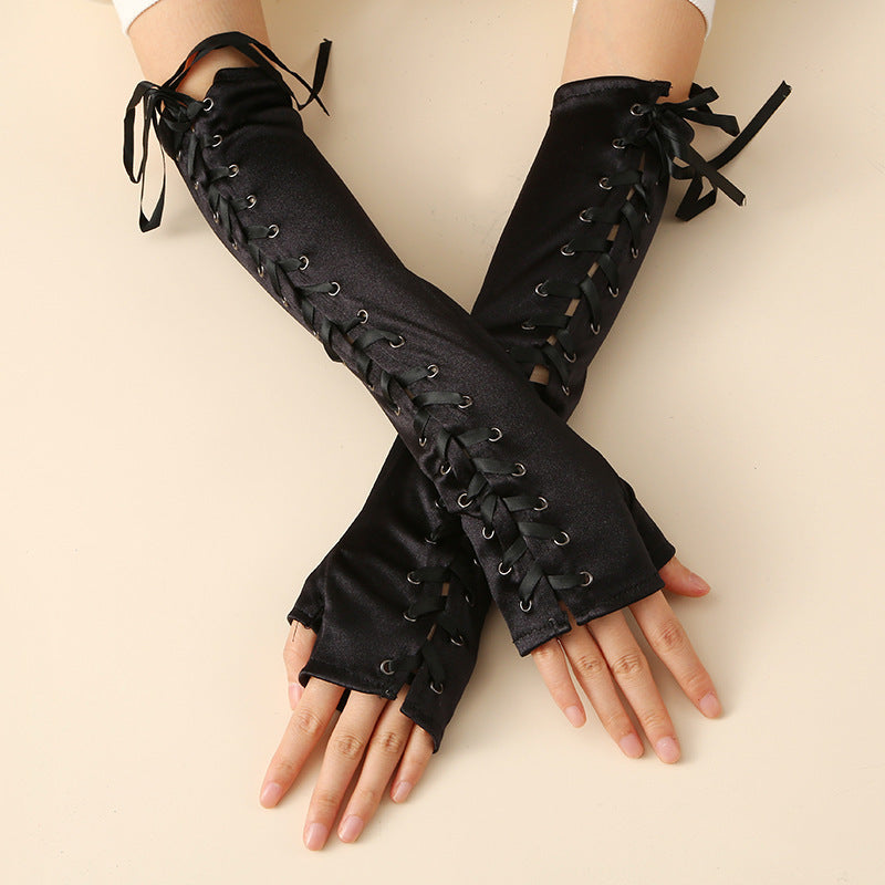 Long Black Satin Arm Sleeve Long For Wedding Lace-up Fingerless Gloves
