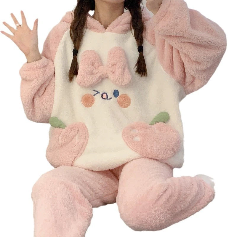 Women's Autumn And Winter Coral Fleece Thickened Winter Hooded Pajamas Plush Suit