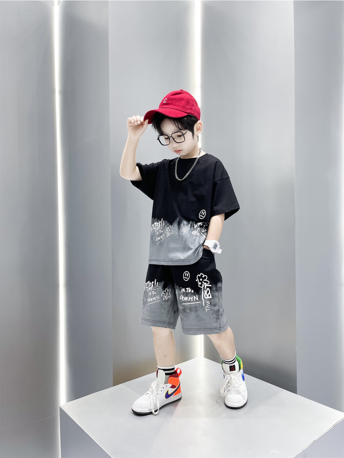 Boys Fashion Print Sports Short Sleeve Shorts Set