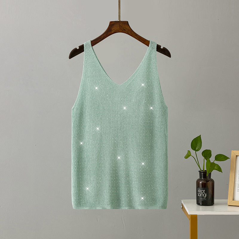 Ice Silk Knitted Bright Thread Diamond-encrusted V-neck Camisole