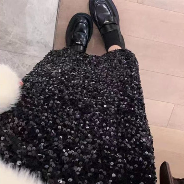 Women's Shiny High Waist Slit Black Overskirt