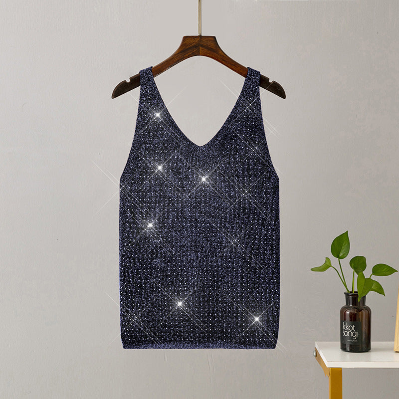 Ice Silk Knitted Bright Thread Diamond-encrusted V-neck Camisole
