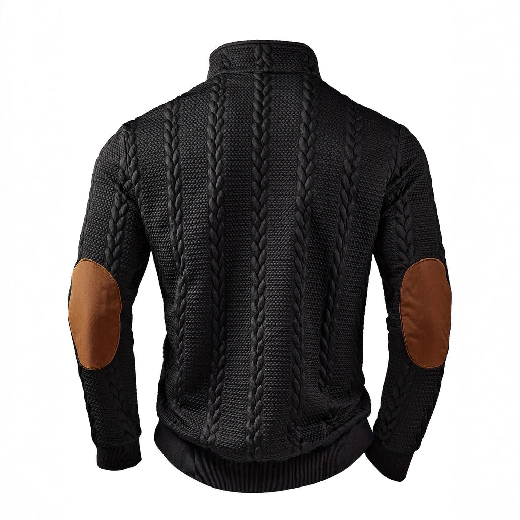 Casual Textured Wheat-spike Pattern Contrast-color Ribbed Patchwork Zip-up Long-sleeve