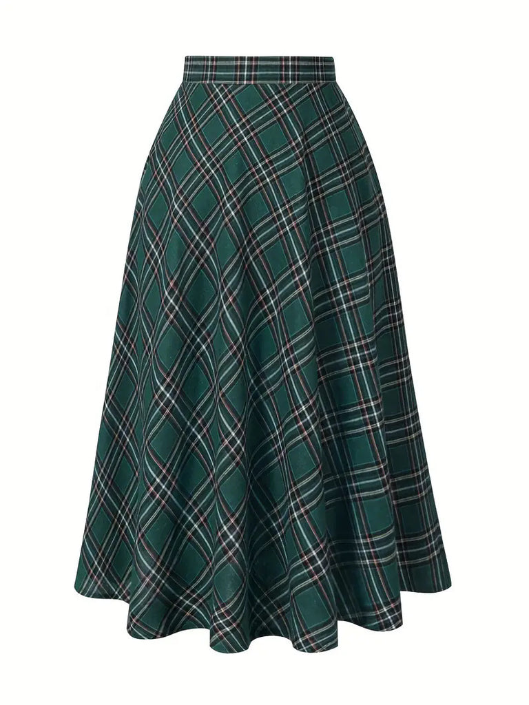 Women's High Waist Casual Loose Plaid Midi Dress