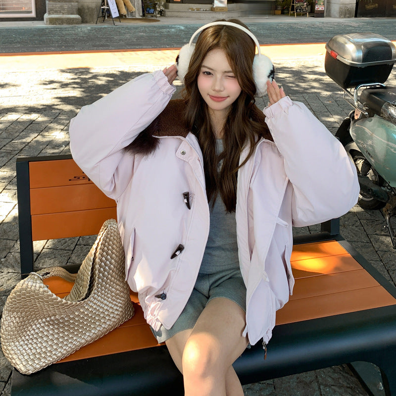 Big Fur Collar Hooded Horn Button Cotton-padded Jacket Women's Casual Loose