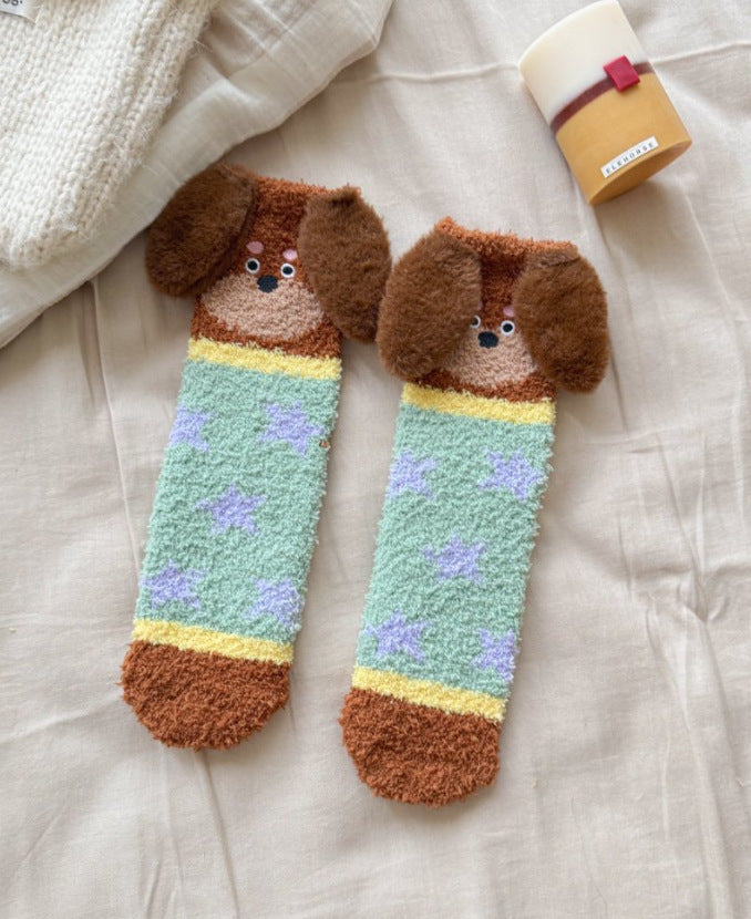 Cartoon Sausage Dog Coral Fleece Tube Socks Home Room Socks