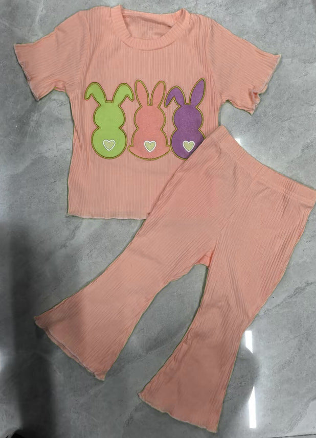 Baby Girl Cotton Short Sleeve Bell-bottom Pants Rabbit Embroidery Set
