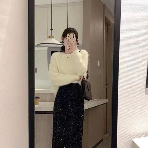 Women's Shiny High Waist Slit Black Overskirt