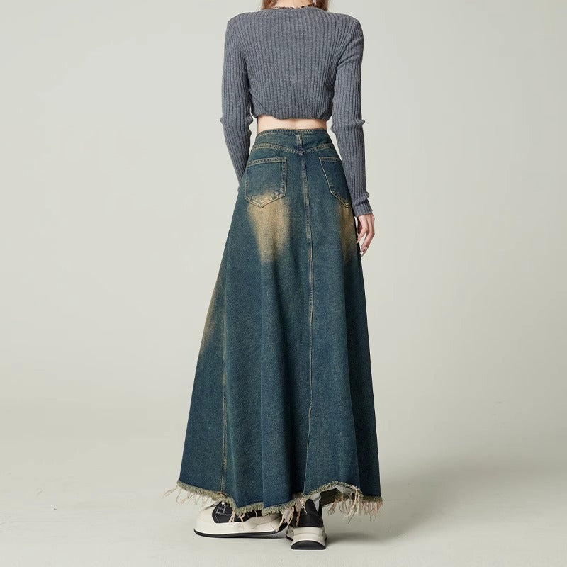 High-waisted Drapey Slimming Vintage Distressed Loose-fit Denim Skirt