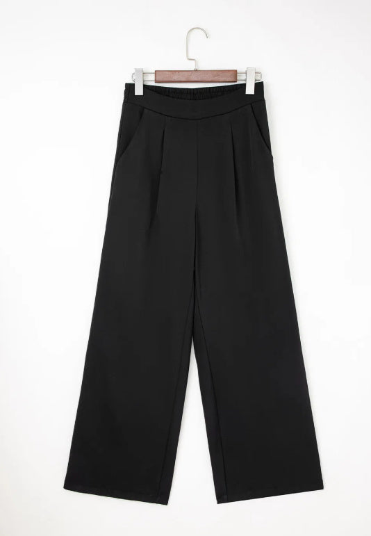 Black Pleated Detail Pull On High Elastic Waist Loose Straight Pants