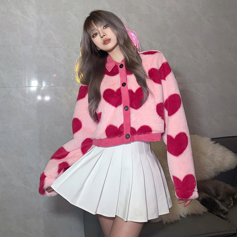 Girls Retro Loose Love Plush Jacket Women