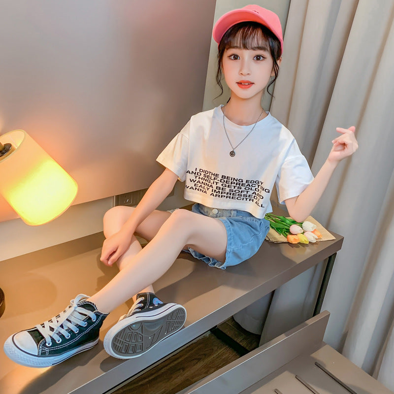 Girls' Round Neck T-shirt Denim Shorts Two-piece Set