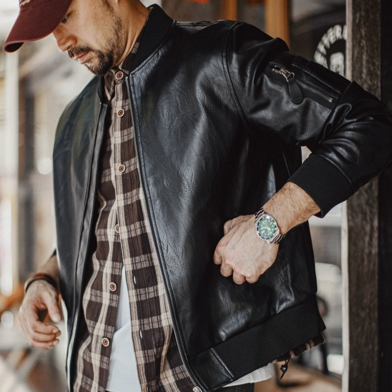 American-style Black MA1 Pilot Leather Jacket Ruan Handsome Short