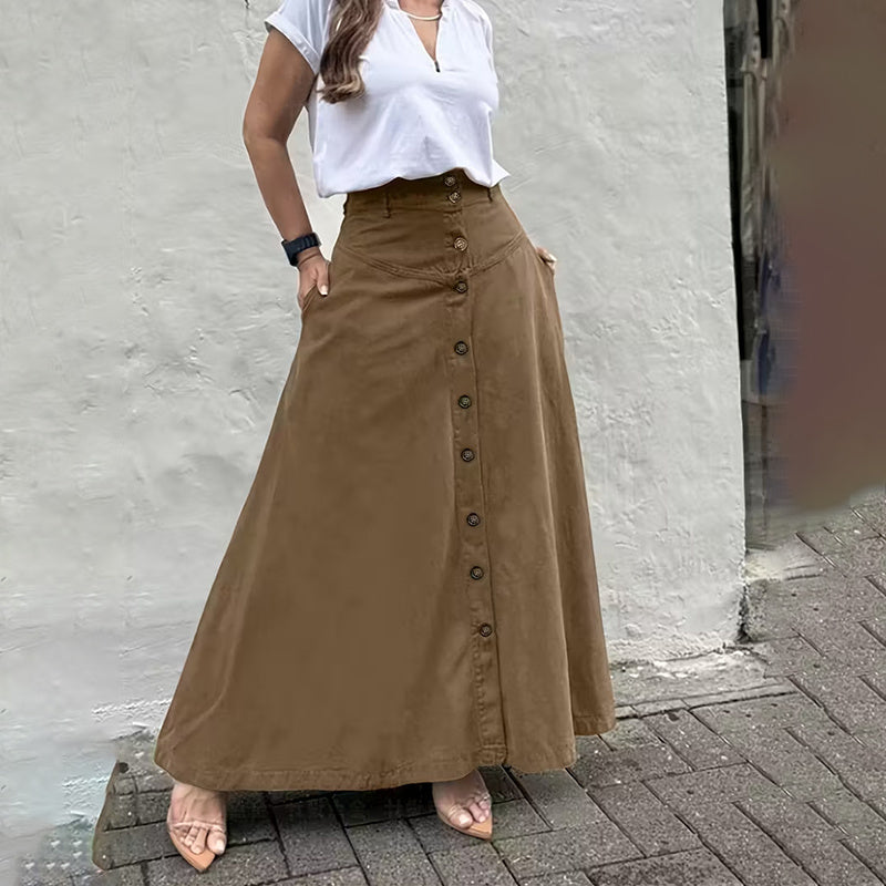 Women's Solid Color High-Waisted A-Line Skirt With Slit And Button Detail Flared Midi Skirt With Pockets For Spring & Fall