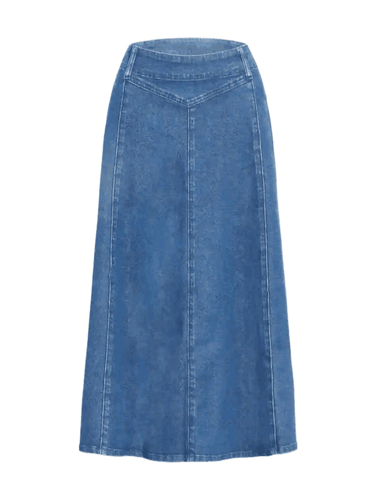 2025 Spring New Women's High Waist Loose A-line Cowboy Skirt, Medium Length Elastic Casual Solid Color Skirt, Elegant For Office And Daily Wear, Fashionable Style Smooth, Cowboy Fabric Washable